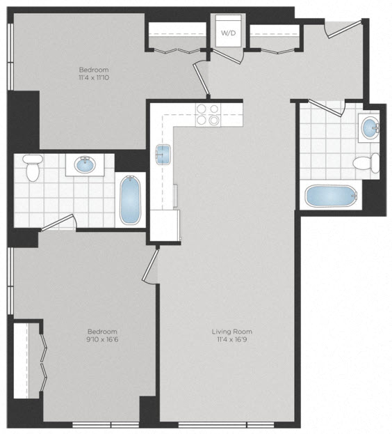 Floor plan for 2 beds, 2 baths, 1029 sqft